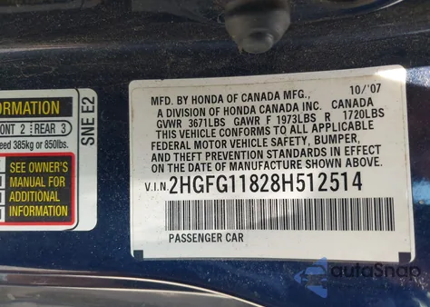 2008 Honda Civic Ex z USA, uszkodzony, nr VIN 2HGFG11828H512514